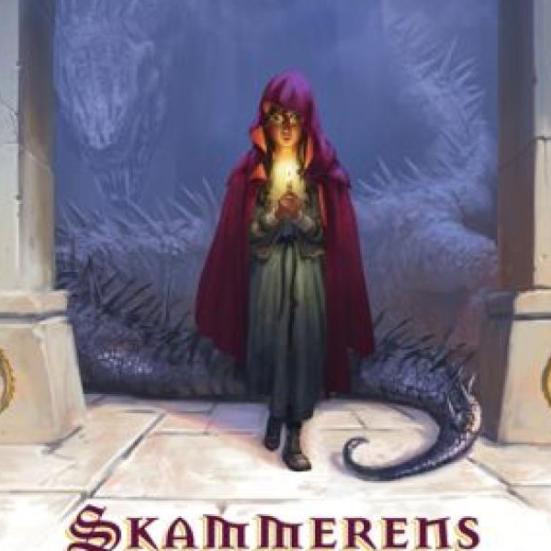 Et udsklip fra forsiden til den illustrerede udgave af Skammerens datter, hvor man kan se Dina gå ud fra kælderen med drager