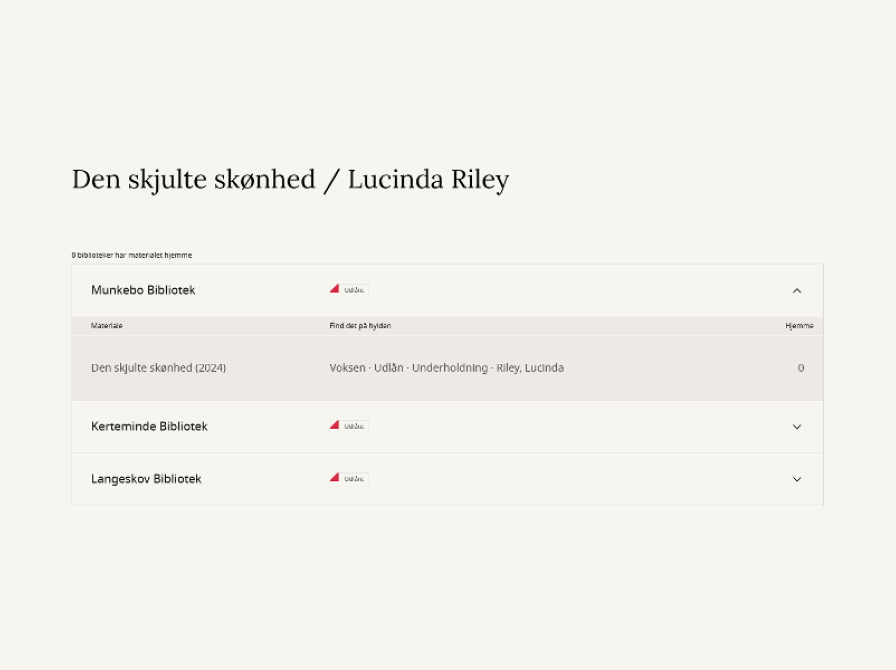 Skærmbillede af 'Den skjulte skønhed' af Lucinda Riley. Det viser hvor materialet er hjemme på de tre biblioteker - Kerteminde, Munkebo og Langeskov. Det er udlånt alle tre steder, men ville ellers kunne findes i udlånet under underholdning og Riley, L